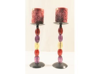 Pair Of Tag Decorative Colorful Candle Pillar Candle Holders With Candles
