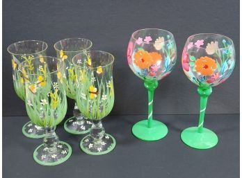 Pretty Assortment Of Six Hand Painted Floral Wine Glasses