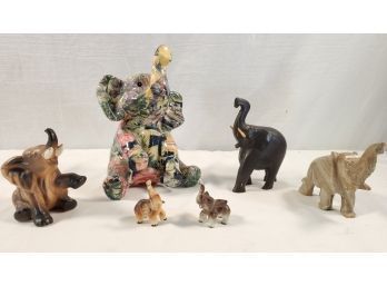 Adorable Assortment Of Vintage Elephants Including Stone, Porcelain, And Carved Wood