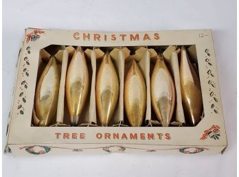 Box Of Six Vintage Mercury Glass Teardrop Gold Christmas Ornaments In Original Box