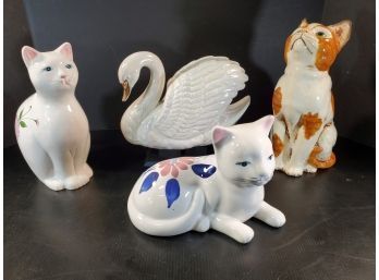Group Of Four Decorative Porcelain & Ceramic Cats & One Beautiful Swan Figurines