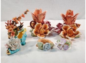 Beautiful Pair Of Neopolitan N Crown Capodimonte Floral Candle Stick Holders & More