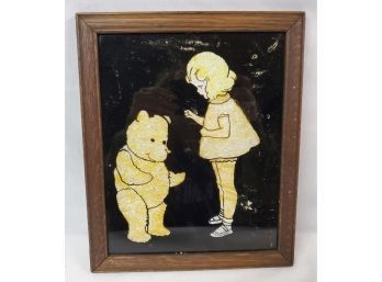 Adorable Vintage Framed Painted Glass & Gold Foil Winnie The Pooh Bear & Girl Picture
