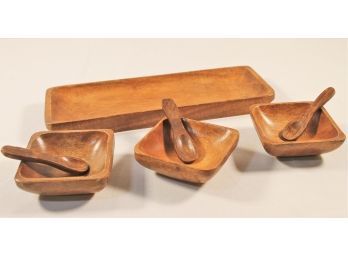 Vintage Wood Hand Made Hors D'oeuvre Tray Set With Large Dish & Three Small Dishes With Matching Spoons