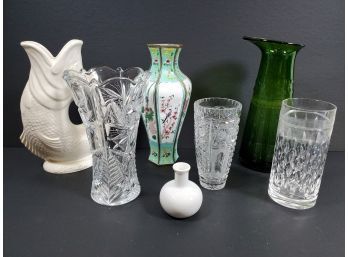 Assortment Of Crystal, Porcelain, Brass, And Glass Vases And Pitches, Dartmouth Porcelain, Julia Crystal