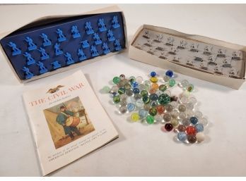Vintage Assortment Of Glass Marbles And American Heritage Battle Cry Game - Incomplete