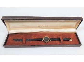 Vintage Ladies GUCCI Swiss Made Watch In Original Box With Black Embossed Leather Strap