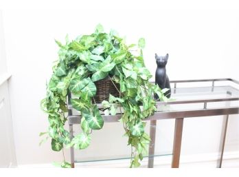 Faux Plant And Wooden Cat Decor