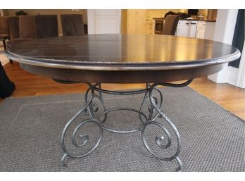 Ethan Allen Round Legacy Table With Metal Base And One Leaf.