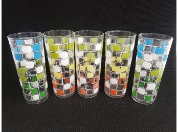 Five Rare Retro MCM MOD Color Blocks Tall  7' Highball Glasses - Assorted Colors