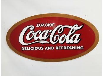 Vintage 1950's Oval Metal Drink Coca Cola Delicious & Refreshing Advertising Sign