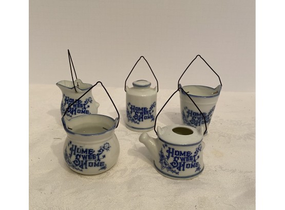 5 Piece Lot Miniature Ceramic White Blue DELFT Dishes - Home Sweet Home