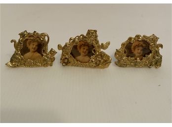 Antique Mini Gold Toned Picture Frames Prints With Cat Design - Set Of 3