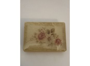 Vintage Himark Designed Yellow Alabaster Giftware Trinket Box With Red Roses - Made In Italy