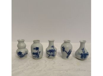 Viintage Blue & White Chinese Porcelain KwangDong Mini China Vases - Set Of 5