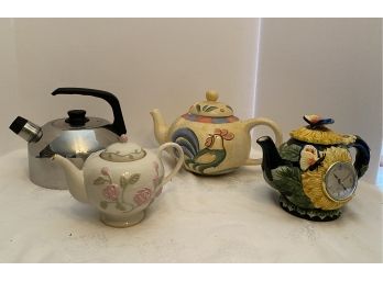 4 VINTAGE Teapots-Lenox Rose Vine Embossed, Art Teapot Clock By Carol Endres, Bella Ceramics , Stainless Steel