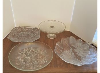 BEAUTIFUL/RARE Lot Of Crystal Serving Platters And Vintage Jeanette Glass Harp & Lyre Pedestal Cake Stand