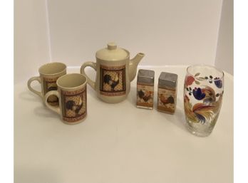 Rooster Collection  - Grant Howard S&P Shakers,  Teapot & 2 Mugs By Bay Island, Hand-painted Gibson Tumbler