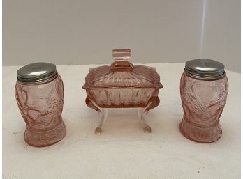 Vintage Pink Reproduction Strawberry Salt & Pepper Shakers AND Pink Depression Glass Trinket Box