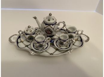 BEAUTIFUL White & Cobalt Blue Footed Porcelain Mini Tea Set With Roses & Silver Trimmed Edges 10 Pieces