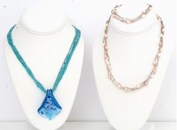 Beaded Necklace & Bracelet Set With Beaded Glass Pendant Necklace