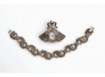 Vintage Sterling Silver  Marcasite Bracelet And Fan Form Pendant Watch
