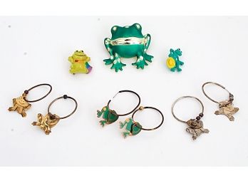 Three Novelty Frog Pins & Three Pairs Of Frog Earrings
