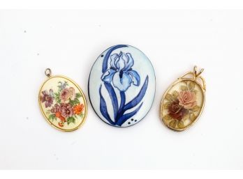 Hand Painted Ceramic Pin & Two Floral Pendants