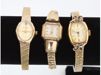 Three Gold Tone Vintage Watches With Diamond Chips