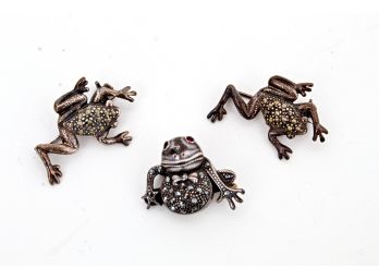 Three Sterling & Marcasite Frog Pins, .450 Troy Ounces