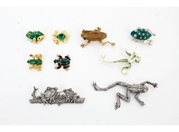 Interesting Group Of Nine Frog Pins, J.J. Monet, Vintage