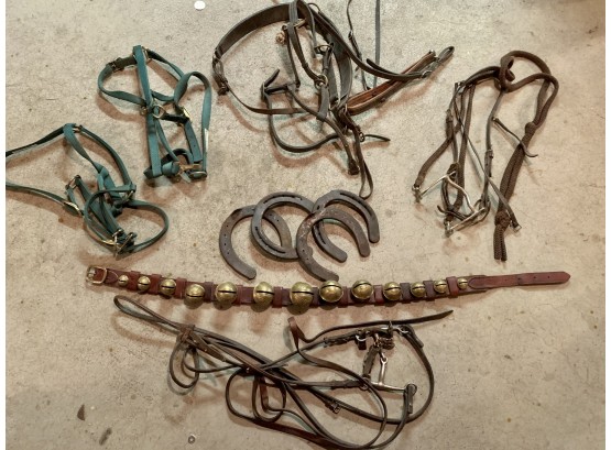Horse Accessories Including Bridles, Bits & Horseshoes And Brass Sleigh Bells