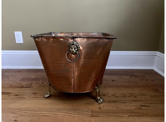 Copper Tripod Container With Brass Lion Head Adornment & Paw Feet