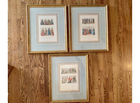 Trio Of Antique Book Plates, Custom Framed With Hand Colored Mats