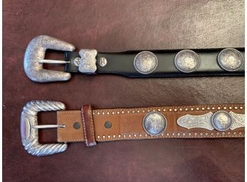 Two Tony Lama Leather & Silver Adorned Belts, Size 38