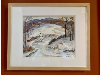 Nicely Framed Watercolor Of Winter Countryside Scene, Signed