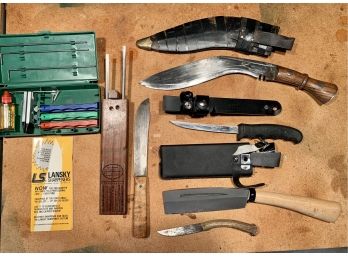 Sporting Knife Group With Sharpening Tools