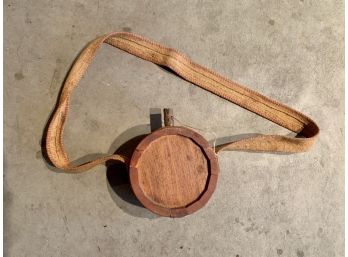 Vintage Wood & Leather Adorned Canteen With Linen Strap