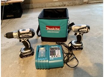 Two Makita Lithium - Ion Drills With Charging Base, Batteries & Soft Sided Carrying Case