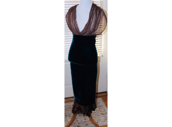 Jean Paul Gaultier Teal Velvet Dress W/ Brown Chiffon & Lace Bodice And Hem- Size 8