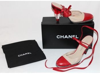 Chanel Red & Tan Leather Ankle Tie W/ Lucite Heel- Box And Shoe Bag Size 38.5