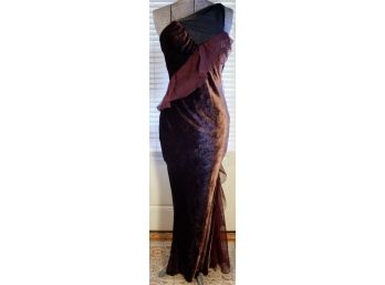 Christian Dior Eggplant Embossed Velvet And Chiffon Ruffle Gown- Size 6