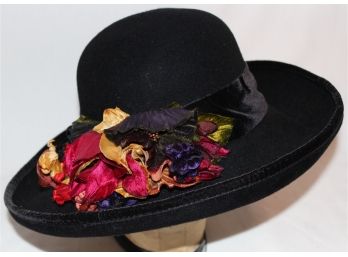 Kokin Felt Portrait Hat W/ Multi-colored Silk & Velvet Flowers