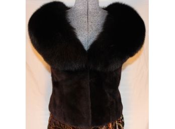 Adrienne Landau Black Sheared Rabbit Vest W/ Black Fox Collar- Size XS