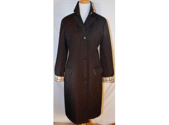 Burberry London Black Quilted Knee Length Coat W/ Burberry Plaid Lining & Trim- Size 6
