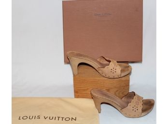 Louis Vuitton Wooden Heel & Sole With Perforated Leather Sandal- Box, Shoe Bag, Size 38.5