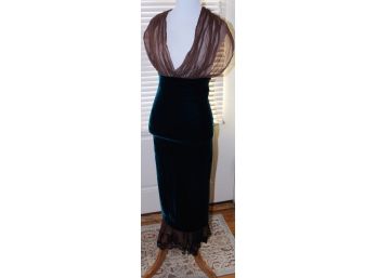 Jean Paul Gaultier Teal Velvet Dress W/ Brown Chiffon & Lace Bodice And Hem- Size 8