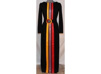 Lanvin 1970s Black Wool Gown W/ Multi-Colored Leather Detail & Enamel Buckle- Size 6