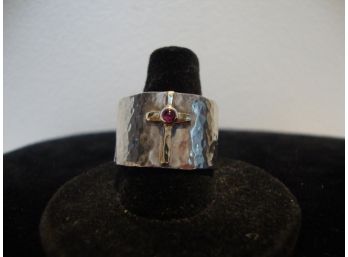 Hammered Sterling Ring With Cross And Purple Stone Size 10