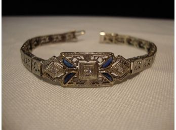 14K White Gold Deco Filigree Diamond And Sapphire Bracelet 6.75'